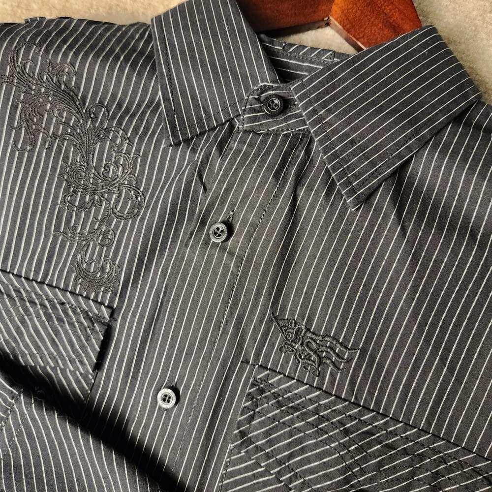 Rebel Spirit Button Down Shirt Men XL Black White Pinstripe Embroidered Long Slv